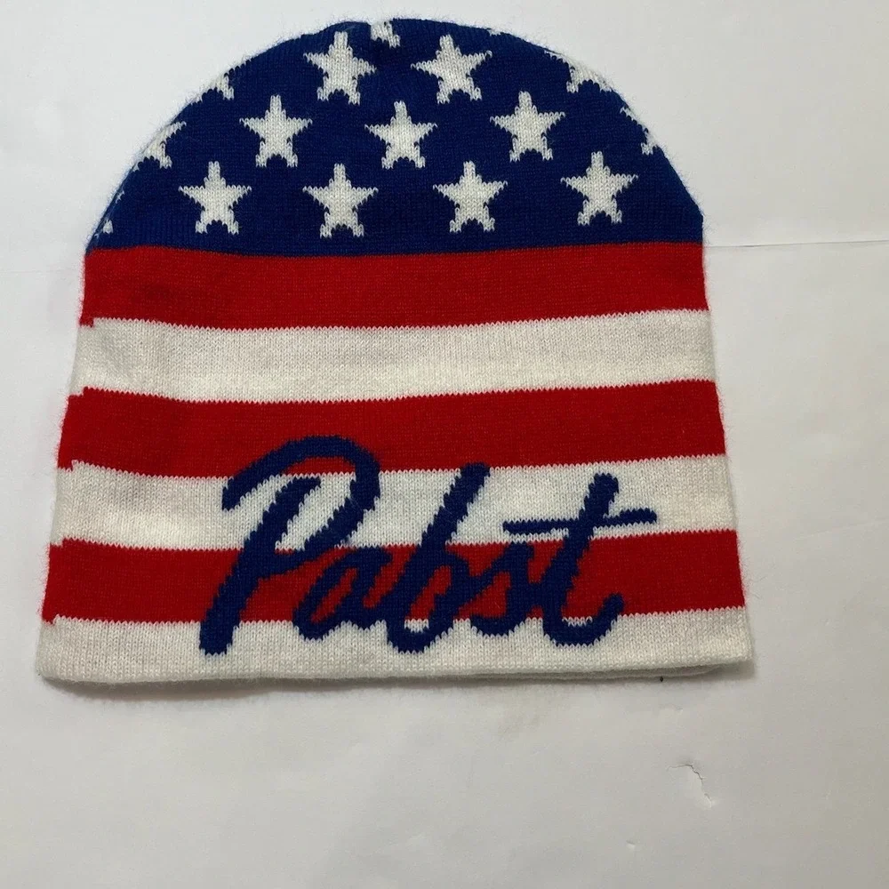Pabst Blue Ribbon Beanie Unisex OSFM Red White Blue American Flag PBR Grunge